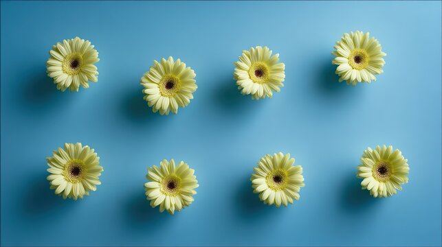 Artistic arrangement of yellow gerbera flowers against a vibrant blue background.