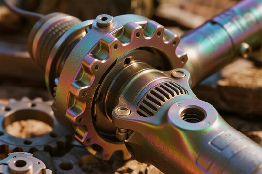 Close-up of a metallic mechanical gear assembly with iridescent finish and precision engineering components