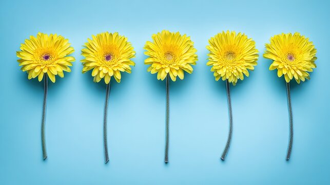 Artistic arrangement of yellow gerbera flowers against a vibrant blue background.