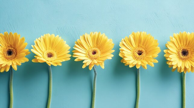 Artistic arrangement of yellow gerbera flowers against a vibrant blue background.