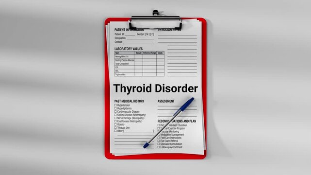 Medical patient health report on clipboard with Thyroid Disorder text 3D animation of physician notes laboratory values and assessment plan for healthcare concept