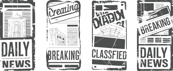Naklejka premium Four distressed newspaper stamp featuring headlines and architectural vintage retro