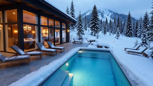 Snowy poolside villa with mountain view