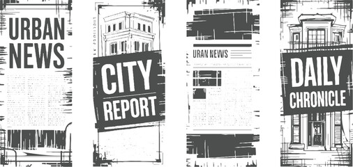 Naklejka premium Four newspaper pages with headlines Urban News City Report and Daily Chronicle in monochrome
