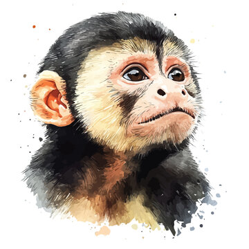 Capuchin Monkey, watercolor clipart vector, isolated on a white background.