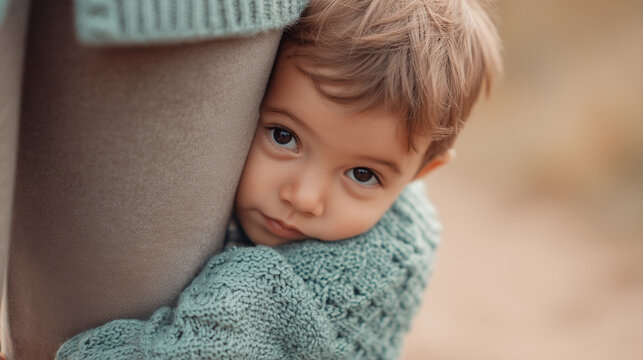 Shy little boy hugging an adult leg for comfort, expressing fear, insecurity and need for protection in an emotional childhood moment.
