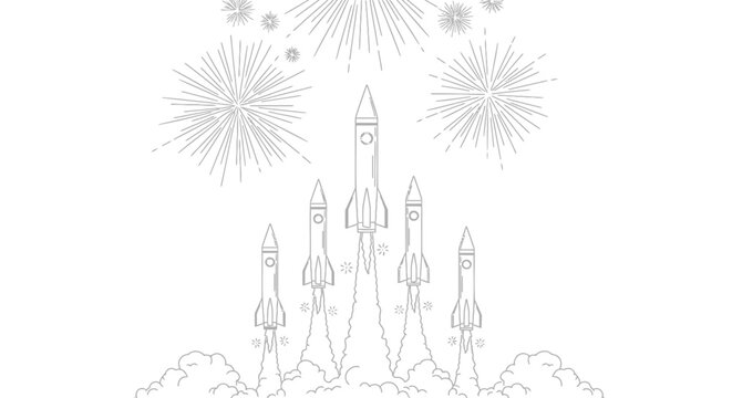 Set of 6 rocket ships launching with fireworks vector