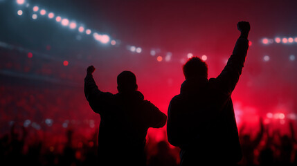 Fototapeta premium Silhouettes of two excited sports fans celebrating in a stadium with vibrant red lighting, capturing energy, passion, and victory atmosphere.