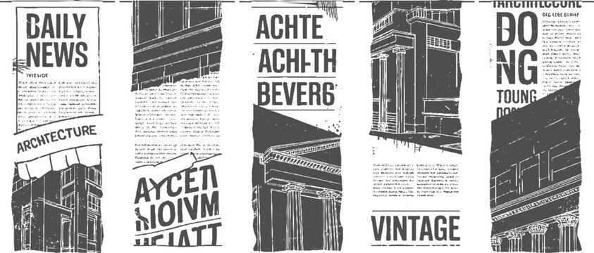 Vintage newspaper clippings with architectural and bold typography architecture