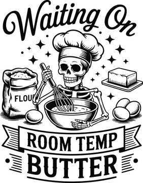 Skeleton chef waiting on room temp butter with baking ingredients