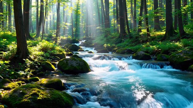 Forest stream with mossy rocks and sunlight
