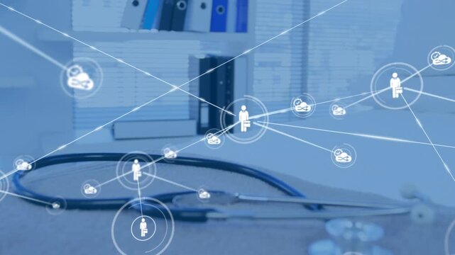 Animation of network of connections with icons over doctor's stethoscope