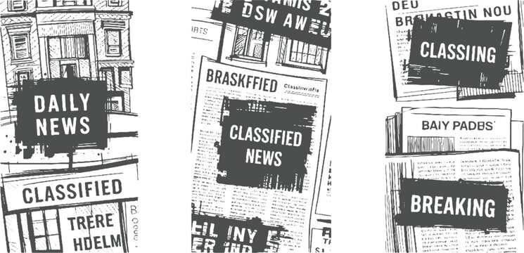 Three newspaper stacks with bold text overlays reading daily news classified news and breaking news in a monochromatic style