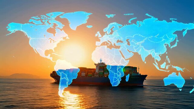 Cargo ship sailing with world map overlay