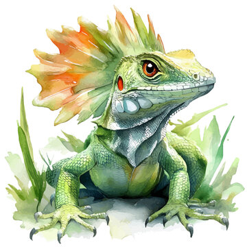 Basilisk Lizard, watercolor clipart vector, isolated on a white background.