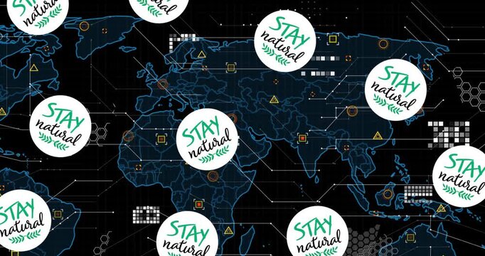 Animation of stay natural in circles falling over world map with icons
