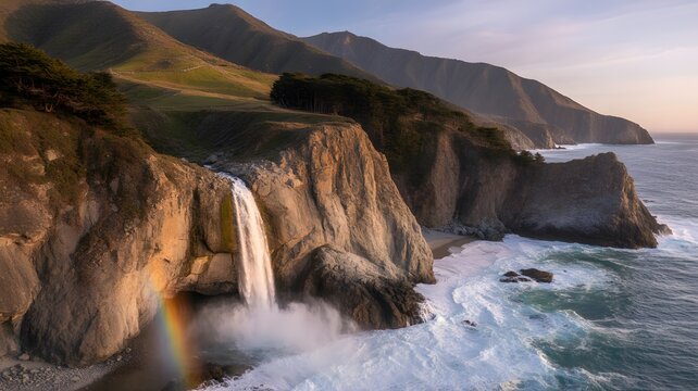 Breathtaking McWay Falls at Sunset & Coastal California Waterfall Plunging into the Pacific Ocean &ndash; Scenic Big Sur Landscape, Grand Nature Photography, 8K Ultra HD, Majestic Cliffs, Canyon and Rainbow
