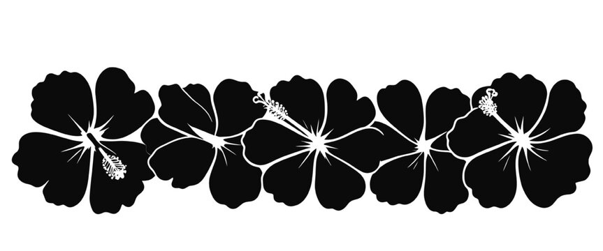 Bold hibiscus flower border in silhouette style with tropical floral elements, ideal for summer themes, decorations, and botanical vector design.