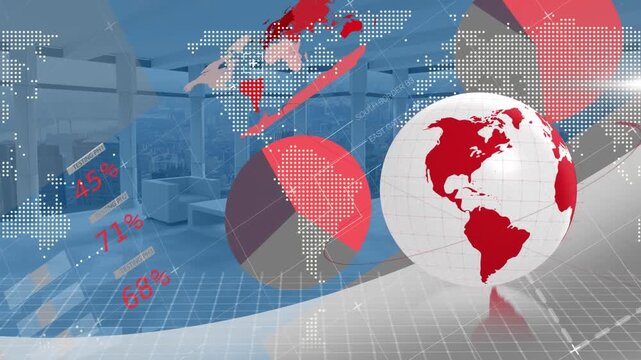 Animation of globe with world map and data processing over empty office