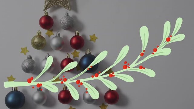Animation of christmas baubles decoration with candy cane over snowflakes on grey background