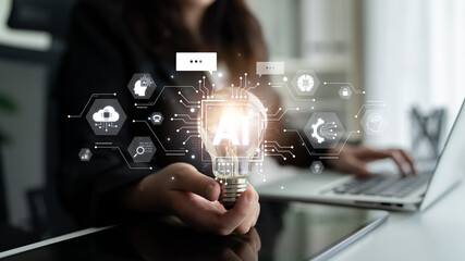 Concept of a cognitive and conversational AI. The central processor powers a chatbot, performs...