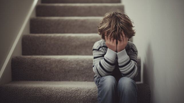 Young boy sitting alone on carpeted stairs, covering face with hands, crying in sadness, expressing loneliness, fear, and emotional distress.