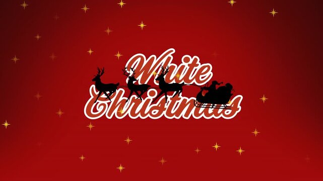 Animation of santa claus in sleigh pulled by reindeers over white christmas text on red background