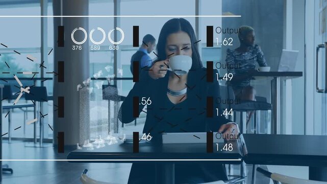 Animation of loading circles, numbers, connecting lines over caucasian businesswoman drinking coffee