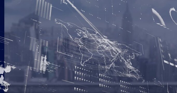 Animation of world map, statistics, data processing over cityscape