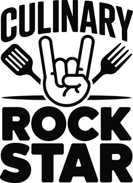 Culinary rock star with hand gesture and utensils cooking