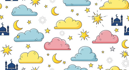 Obraz premium Whimsical Islamic Night Sky Pattern: Clouds, Moon, Stars, Mosques, Ramadan, Eid