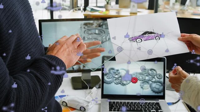 Animation of network of digital icons over mid section of man using glass tablet at office