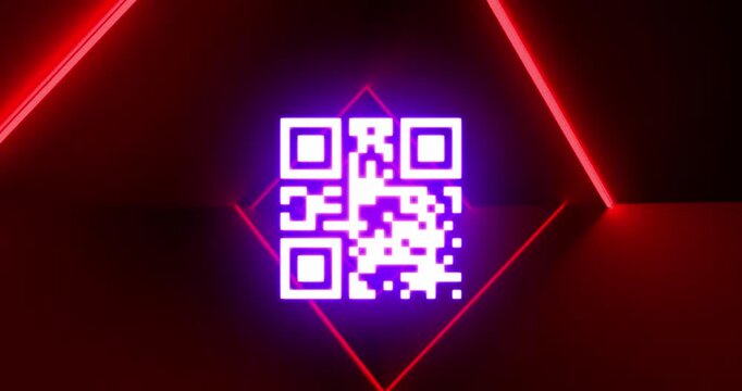 Animation of qr code and neon lines on black background