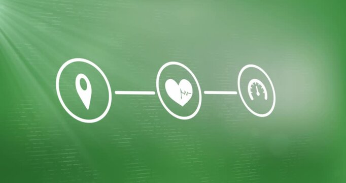Animation of gps, heart pulse and speedometer icons forming flowchart on green background