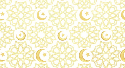 Fototapeta premium Golden Islamic Pattern with Crescent Moon and Star - Ramadan Mubarak Background