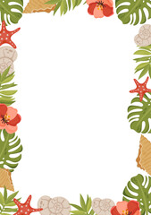 Fototapeta premium Tropical beach frame with flowers, seashells, starfish and leaves. Bright decorative border with copy space for invitations, cards, branding and summer designs