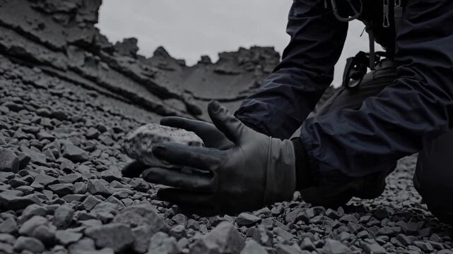 hands holding rock sample on rocky slope, gloved hands of geologist inspect dark basalt fragment among scree under overcast sky, moody light, remote quarry atmosphere, careful tactile analysis