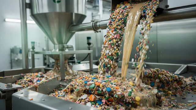 Medium shot of industrial machinery blending recycled polymer flakes into raw resin mix highlighting ecofriendly feedstock processing for sustainable plastic production.