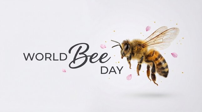 World bee day concept with flying bee and text design showing pollination awareness natural beauty biodiversity importance and protection of ecosystem balance