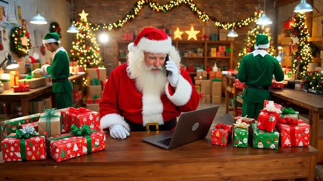 Santa Claus working in a festive workshop