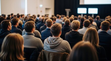 Obraz premium Large professional audience sitting and listening to a keynote presentation in a conference hall, business seminar and educational summit concept.