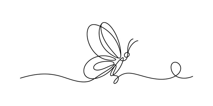 Minimalist continuous line drawing of a butterfly on a simple white background