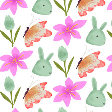 Cute Bunny Butterfly Tulip and Crocus Spring Pattern