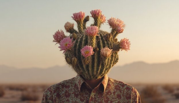 Man with Cactus Head in Desert Landscape.