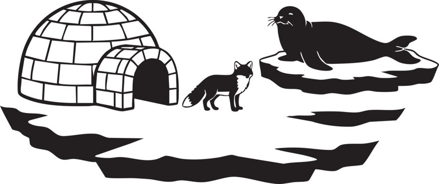 An illustration of a seal and a dog near an igloo on melting ice floes in the Arctic.
