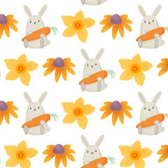 Obraz premium Cute Bunny Pattern with Carrot Daffodil and Zinnia Flowers