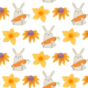 Cute Bunny Pattern with Carrot Daffodil and Zinnia Flowers