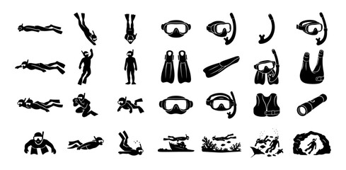 Snorkeling Silhouette Set, Divers, Equipment and Underwater Scenes, Snorkel Mask Fins Coral Reef Icons Collection © Mediasegment