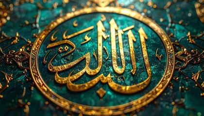 Fototapeta premium Circular Arabic calligraphy with golden embellishments on teal background, ornate religious art, intricate decorative design, spiritual elegance, traditional Islamic motif.