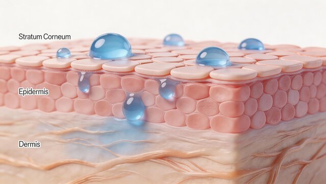 Human skin layers with water droplets
